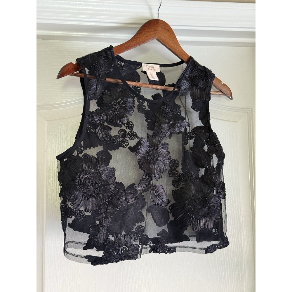 Camila Coelho Top L Black Sheer Mesh Floral Embroidered Top Whimsigoth Romantic